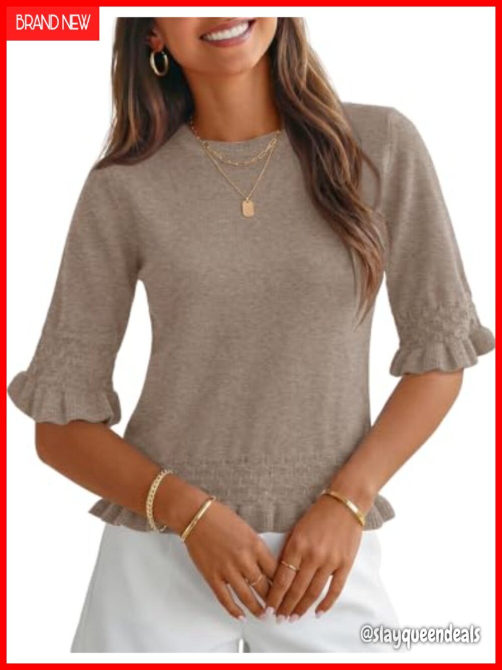 Womens 3/4 Sleeve Sweater Crewneck Peplum Knit Ruffle Hem Pullover Top